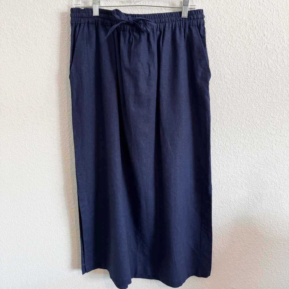 Woman Within Navy Blue Linen Blend Midi Skirt Plus Size 16W Elastic Waist Pocket